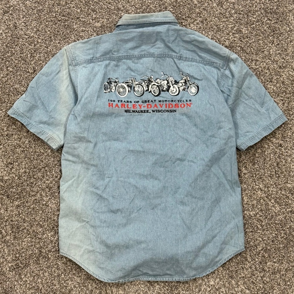 VTG Harley-Davidson 100th Anniversary Denim Shirt Mens S Blue Short Sleeve 2003 - Picture 2 of 6